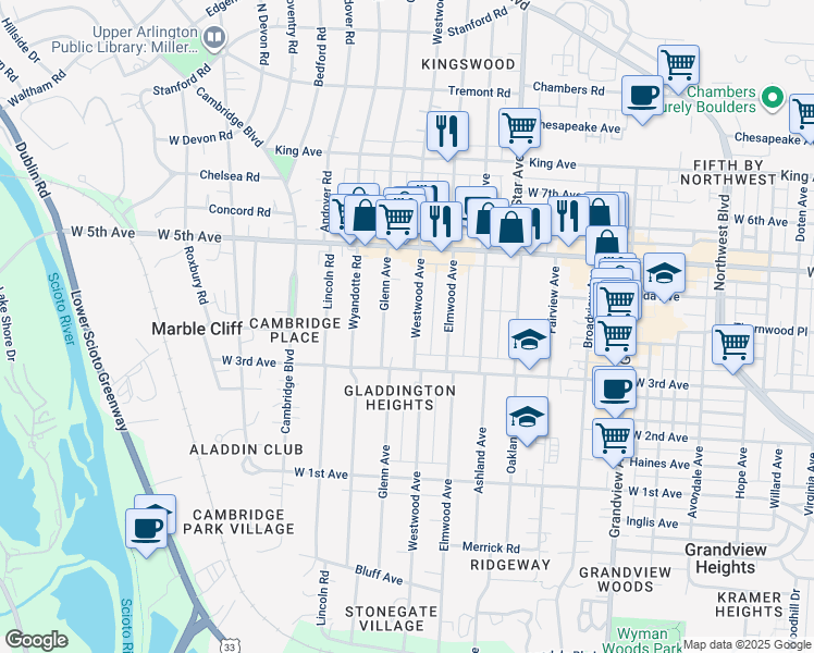 map of restaurants, bars, coffee shops, grocery stores, and more near 1481 Westwood Avenue in Columbus