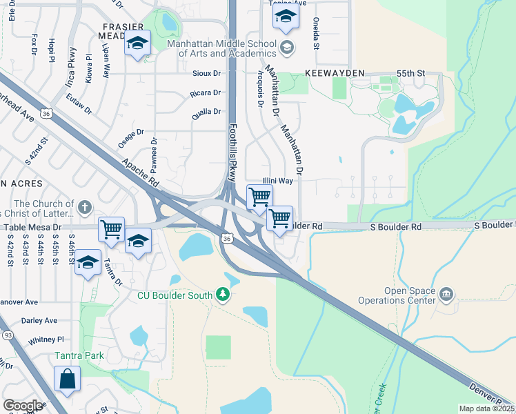 map of restaurants, bars, coffee shops, grocery stores, and more near 33 South Boulder Circle in Boulder