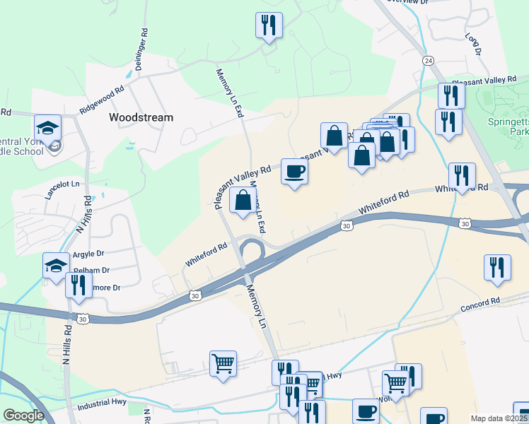 map of restaurants, bars, coffee shops, grocery stores, and more near 1433 Memory Ln Exd in York
