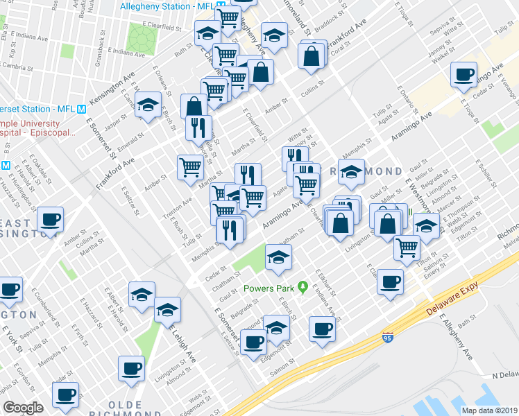 map of restaurants, bars, coffee shops, grocery stores, and more near 3009 Agate Street in Philadelphia