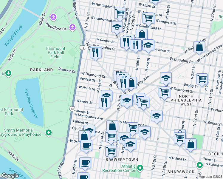 map of restaurants, bars, coffee shops, grocery stores, and more near 2944 Page Street in Philadelphia