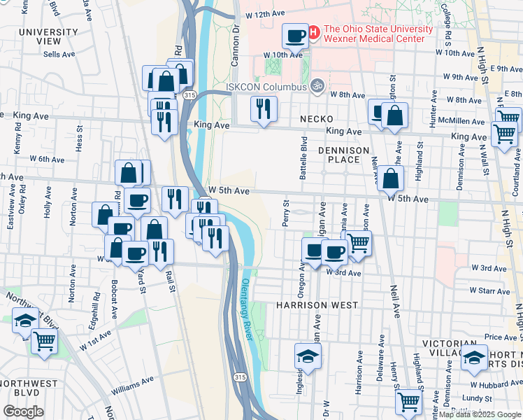 map of restaurants, bars, coffee shops, grocery stores, and more near 555 West 5th Avenue in Columbus