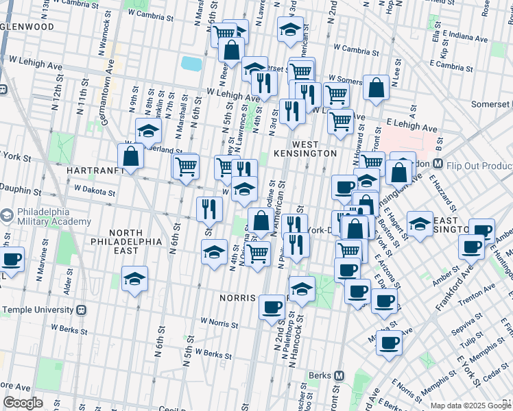 map of restaurants, bars, coffee shops, grocery stores, and more near 262 West York Street in Philadelphia