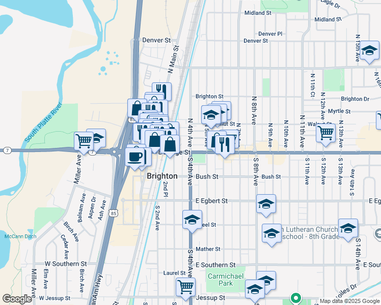 map of restaurants, bars, coffee shops, grocery stores, and more near S 4th Ave & E Bridge St in Brighton