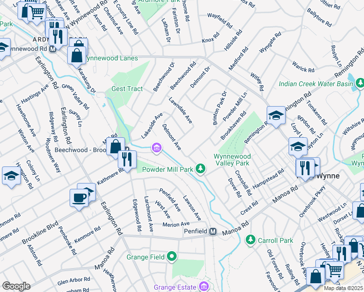 map of restaurants, bars, coffee shops, grocery stores, and more near 1321 Delmont Avenue in Havertown