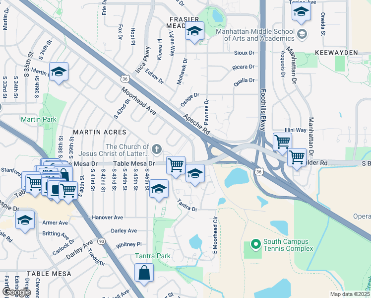 map of restaurants, bars, coffee shops, grocery stores, and more near 4990 Moorhead Avenue in Boulder