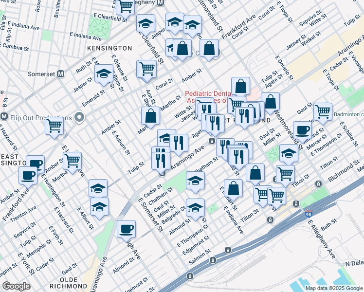 map of restaurants, bars, coffee shops, grocery stores, and more near 3009 Agate Street in Philadelphia