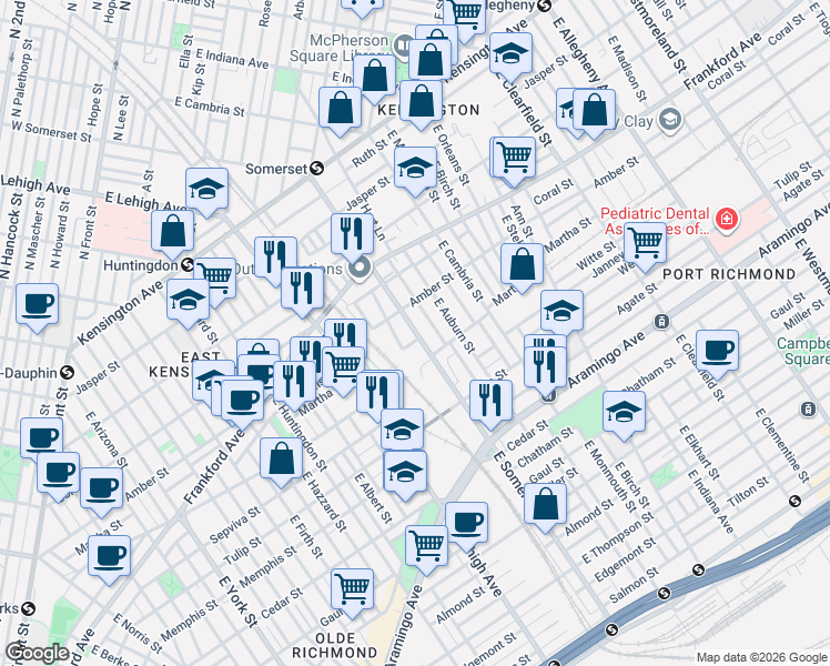 map of restaurants, bars, coffee shops, grocery stores, and more near 2127 East Somerset Street in Philadelphia