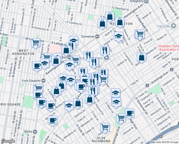 map of restaurants, bars, coffee shops, grocery stores, and more near 2666 Coral Street in Philadelphia