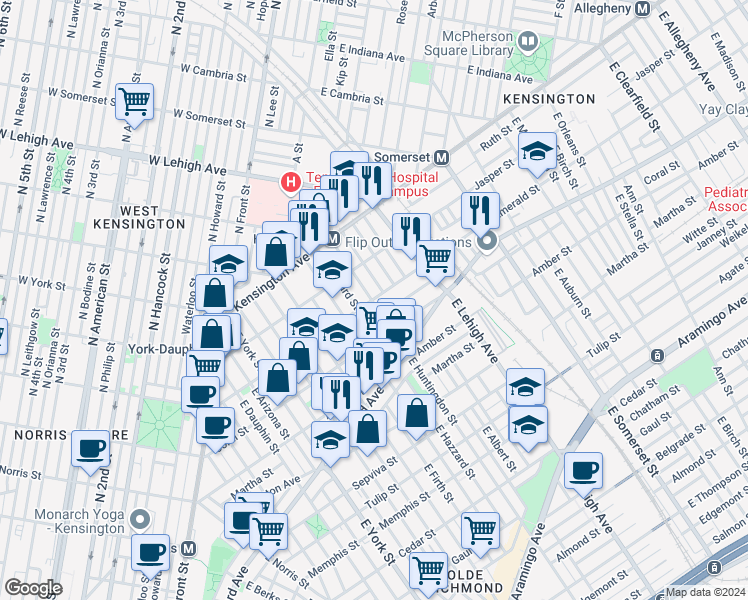 map of restaurants, bars, coffee shops, grocery stores, and more near 1930 East Huntingdon Street in Philadelphia