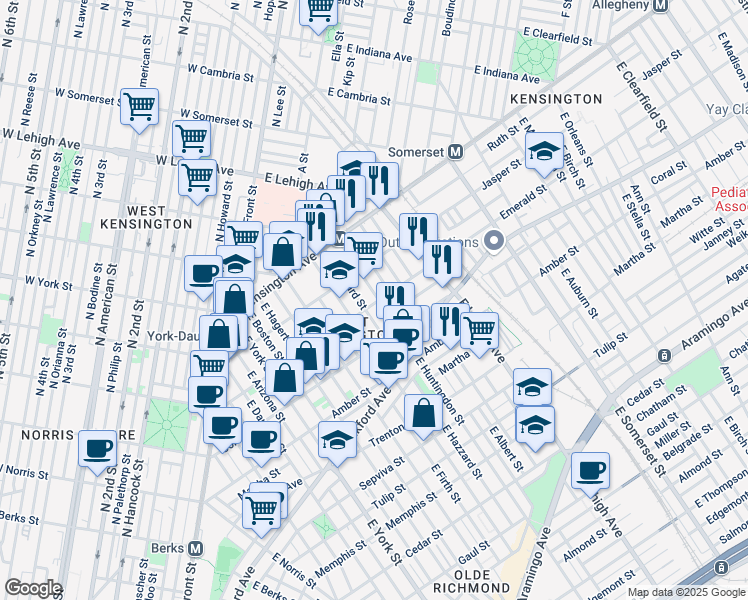 map of restaurants, bars, coffee shops, grocery stores, and more near 1930 East Huntingdon Street in Philadelphia
