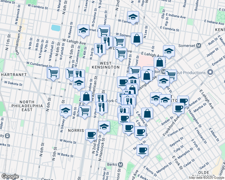 map of restaurants, bars, coffee shops, grocery stores, and more near 2403 North Hancock Street in Philadelphia