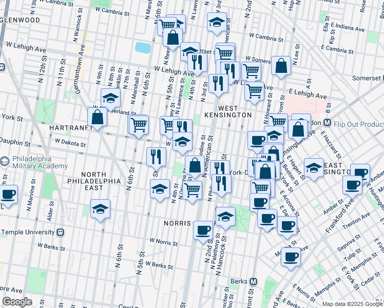 map of restaurants, bars, coffee shops, grocery stores, and more near 262 West York Street in Philadelphia