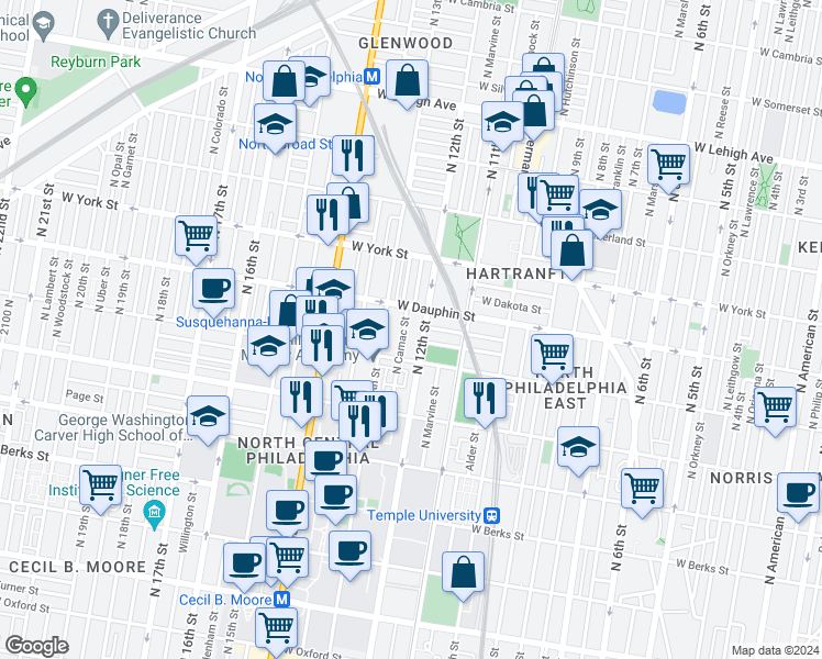 map of restaurants, bars, coffee shops, grocery stores, and more near 2247 North Camac Street in Philadelphia