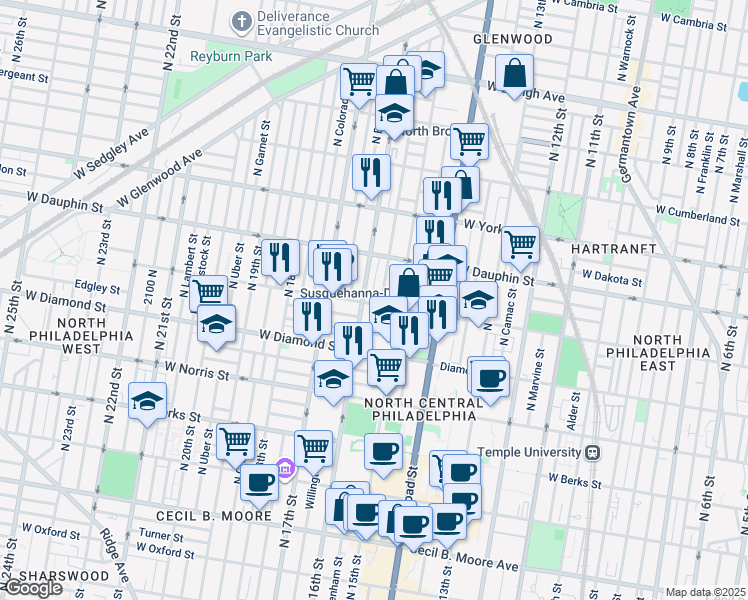 map of restaurants, bars, coffee shops, grocery stores, and more near 2201 North Mole Street in Philadelphia