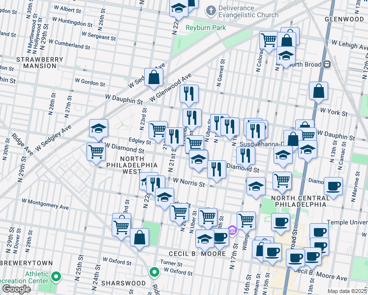 map of restaurants, bars, coffee shops, grocery stores, and more near in Philadelphia
