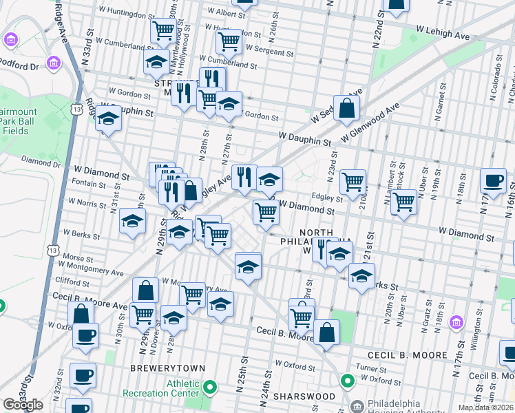 map of restaurants, bars, coffee shops, grocery stores, and more near 2550 West Glenwood Avenue in Philadelphia