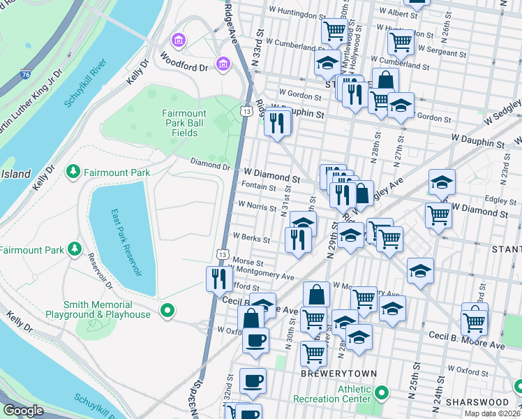 map of restaurants, bars, coffee shops, grocery stores, and more near in Philadelphia