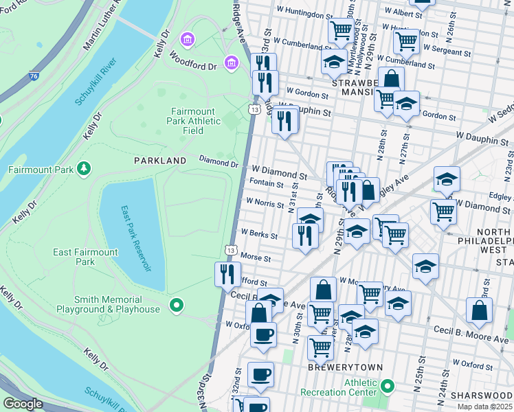 map of restaurants, bars, coffee shops, grocery stores, and more near in Philadelphia