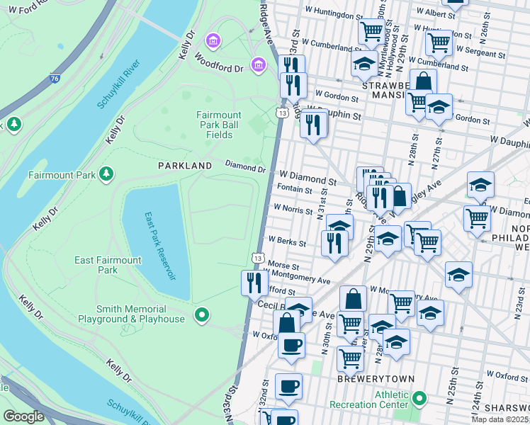 map of restaurants, bars, coffee shops, grocery stores, and more near in Philadelphia