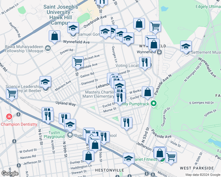 map of restaurants, bars, coffee shops, grocery stores, and more near in Philadelphia