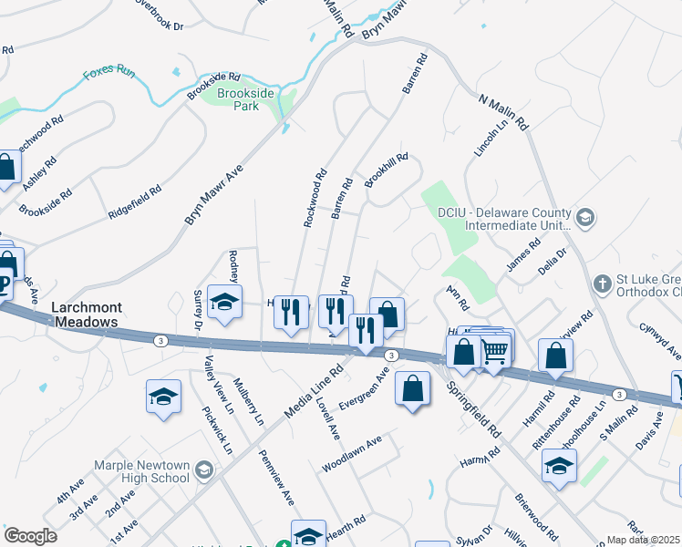 map of restaurants, bars, coffee shops, grocery stores, and more near 40 Northwood Road in Newtown Square