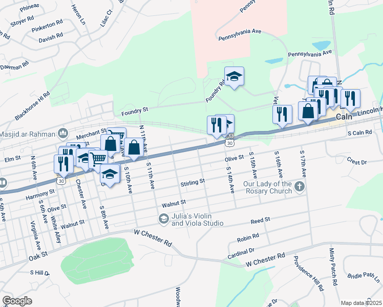 map of restaurants, bars, coffee shops, grocery stores, and more near 1300 Lincoln Highway East in Coatesville