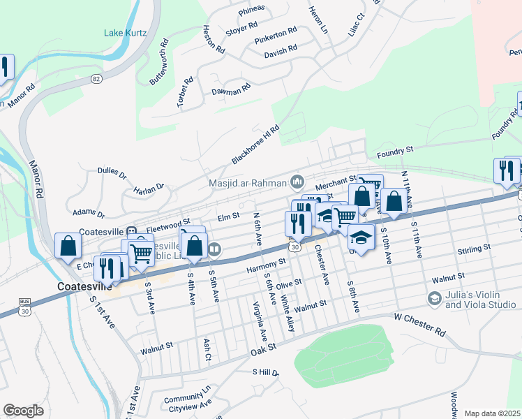 map of restaurants, bars, coffee shops, grocery stores, and more near 606 Merchant Street in Coatesville