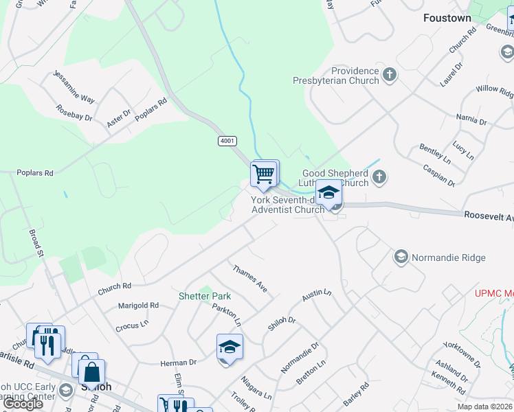 map of restaurants, bars, coffee shops, grocery stores, and more near 2410 Roosevelt Avenue in York
