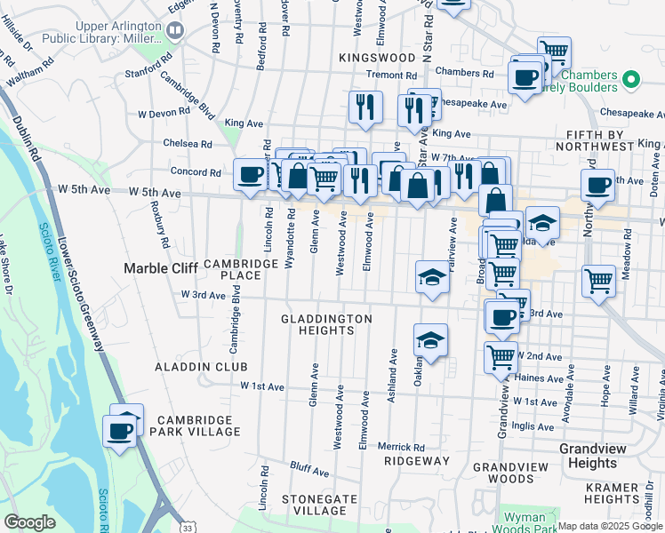map of restaurants, bars, coffee shops, grocery stores, and more near 1481 Westwood Avenue in Columbus