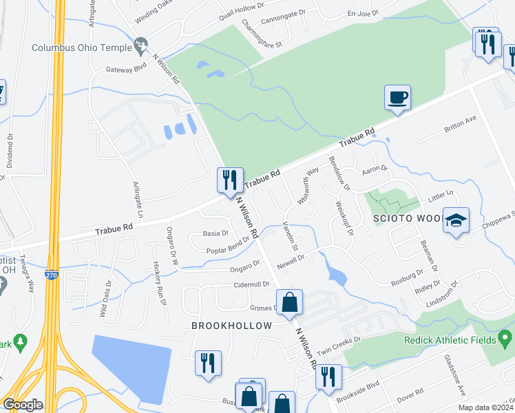 map of restaurants, bars, coffee shops, grocery stores, and more near 1648 North Wilson Road in Columbus