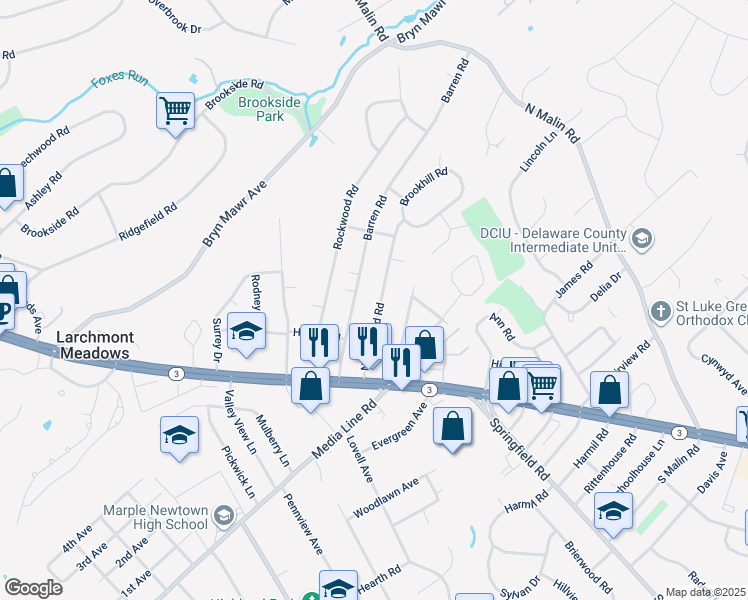 map of restaurants, bars, coffee shops, grocery stores, and more near 40 Northwood Road in Newtown Square