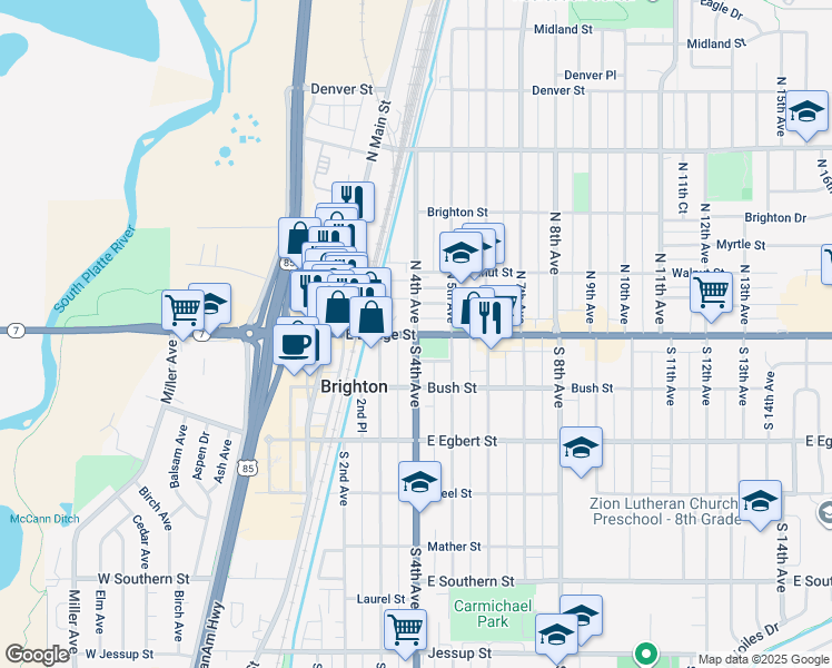 map of restaurants, bars, coffee shops, grocery stores, and more near S 4th Ave & E Bridge St in Brighton