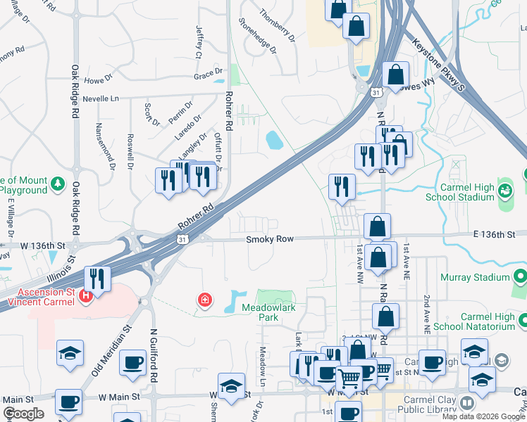 map of restaurants, bars, coffee shops, grocery stores, and more near 416 Smoky Row in Carmel