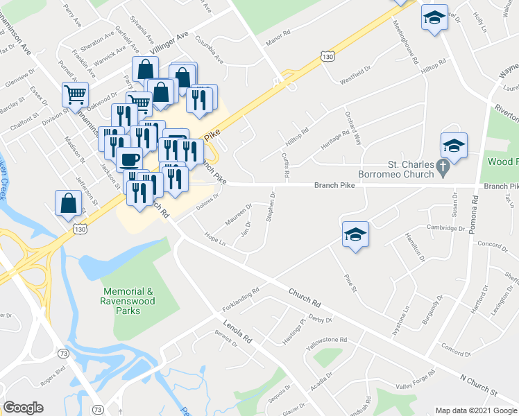 map of restaurants, bars, coffee shops, grocery stores, and more near 214 Maureen Drive in Cinnaminson