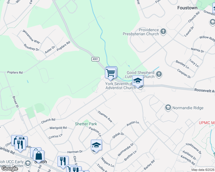 map of restaurants, bars, coffee shops, grocery stores, and more near 2410 Roosevelt Avenue in York