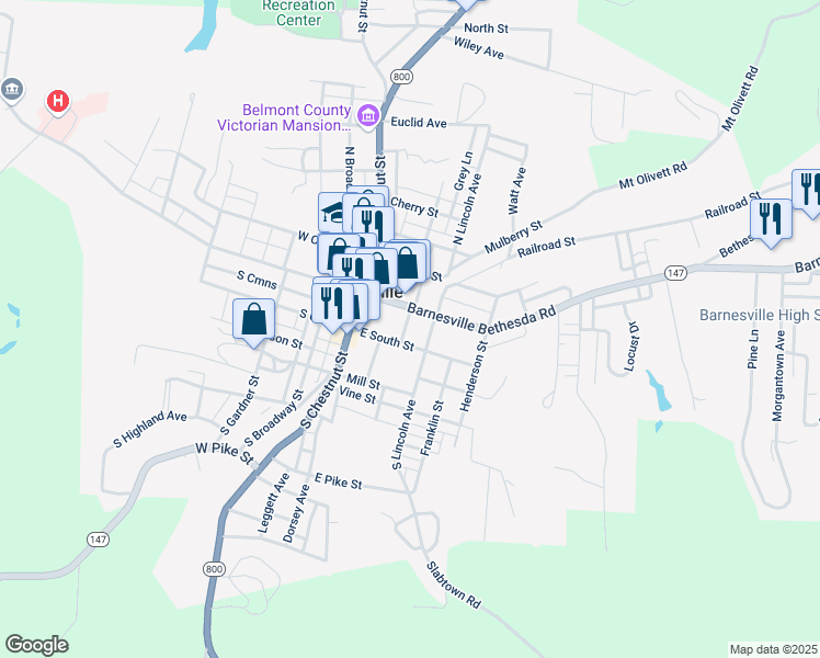 map of restaurants, bars, coffee shops, grocery stores, and more near 112 South Arch Street in Barnesville