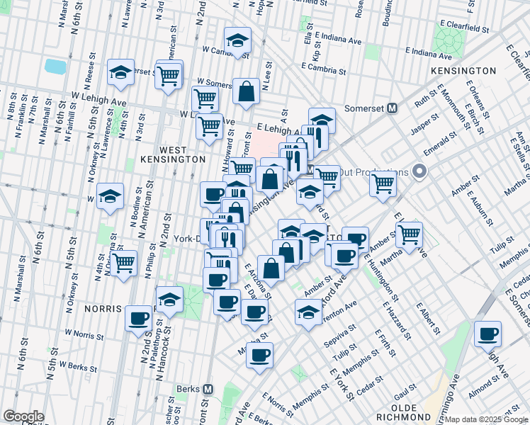 map of restaurants, bars, coffee shops, grocery stores, and more near 1812 East Letterly Street in Philadelphia