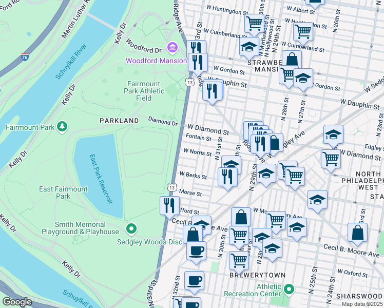map of restaurants, bars, coffee shops, grocery stores, and more near 3214 West Norris Street in Philadelphia