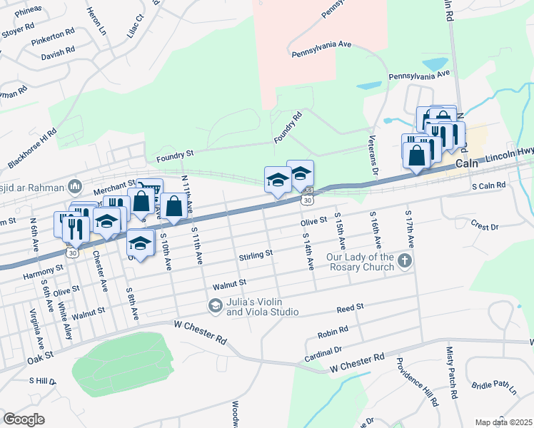 map of restaurants, bars, coffee shops, grocery stores, and more near 1300 Lincoln Highway East in Coatesville