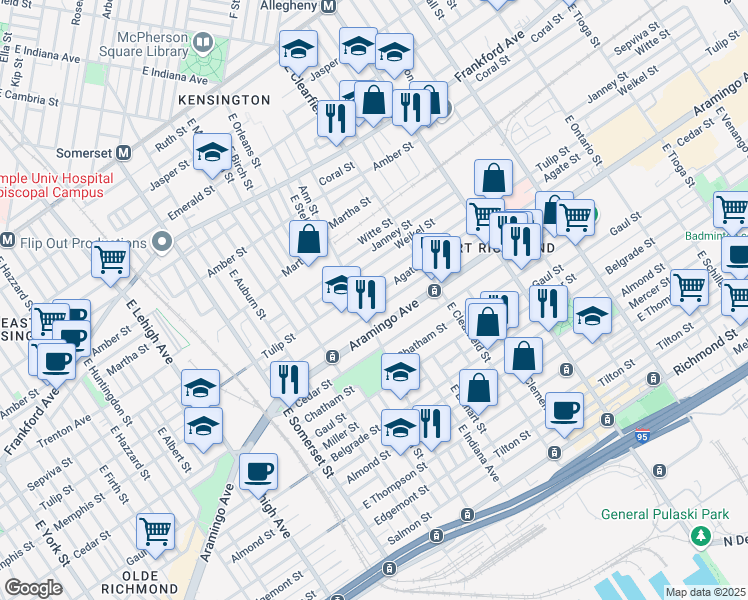 map of restaurants, bars, coffee shops, grocery stores, and more near 3011 Agate Street in Philadelphia