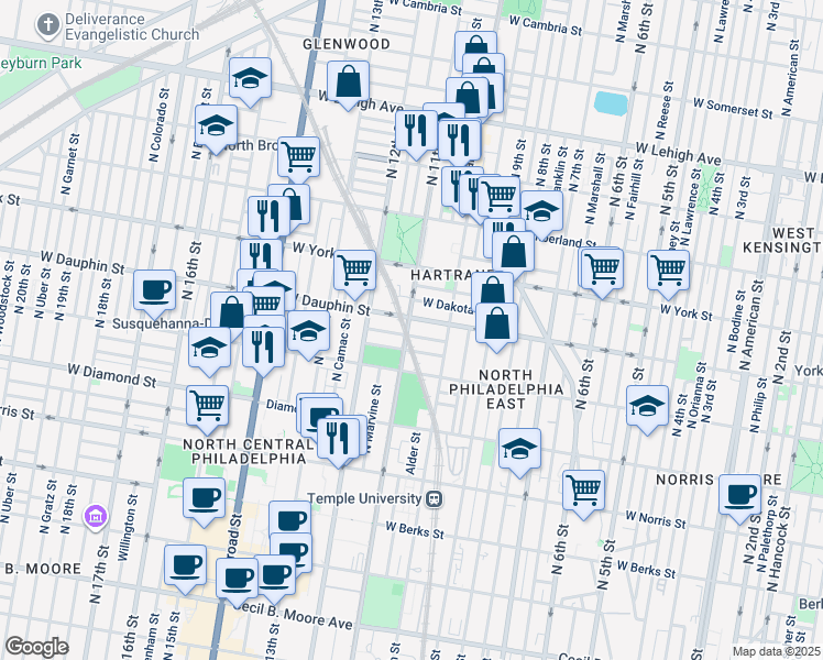 map of restaurants, bars, coffee shops, grocery stores, and more near 2231 North 11th Street in Philadelphia