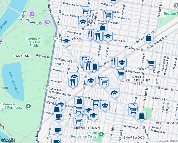 map of restaurants, bars, coffee shops, grocery stores, and more near 2841 Ridge Avenue in Philadelphia