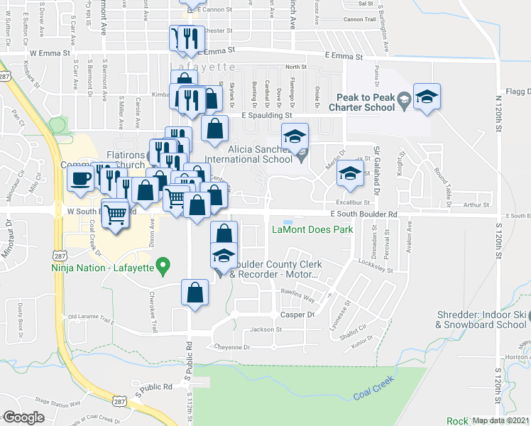 map of restaurants, bars, coffee shops, grocery stores, and more near E South Boulder Rd & Strathmore Ln in Lafayette