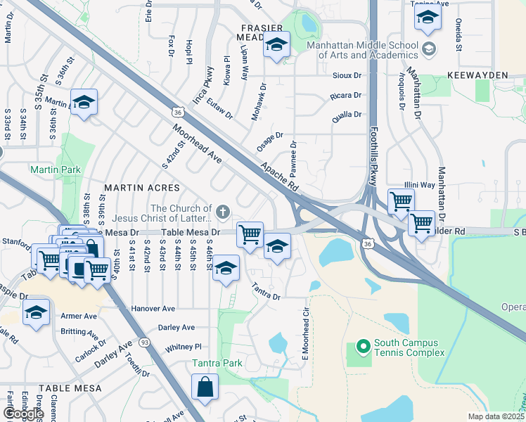 map of restaurants, bars, coffee shops, grocery stores, and more near 4990 Moorhead Avenue in Boulder