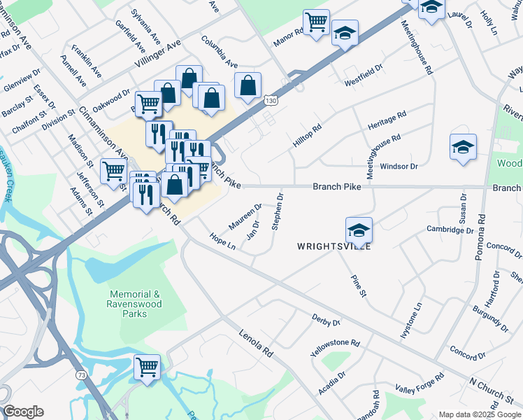 map of restaurants, bars, coffee shops, grocery stores, and more near 214 Maureen Drive in Cinnaminson