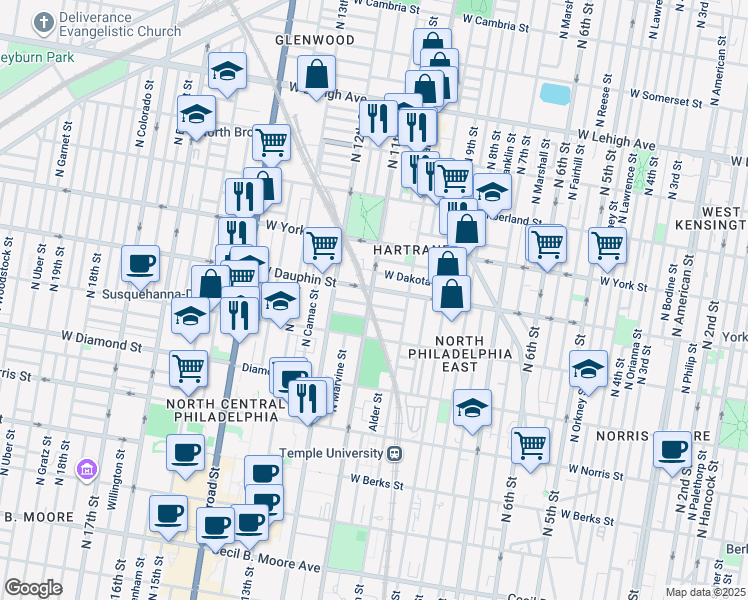 map of restaurants, bars, coffee shops, grocery stores, and more near 2231 North 11th Street in Philadelphia