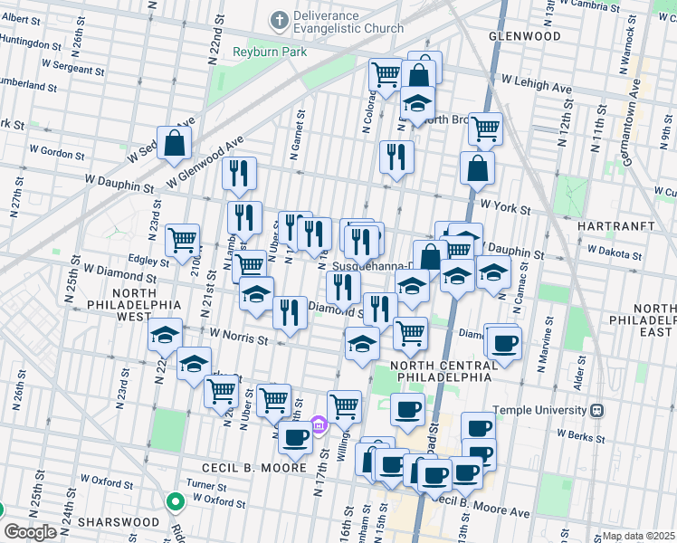 map of restaurants, bars, coffee shops, grocery stores, and more near 1710 West Susquehanna Avenue in Philadelphia