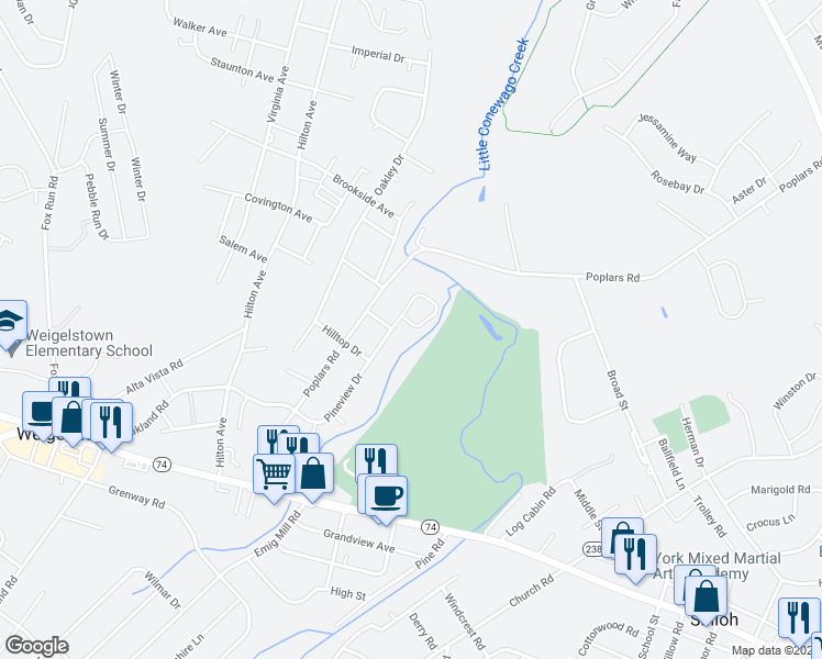 map of restaurants, bars, coffee shops, grocery stores, and more near 2783 Pineview Drive in York