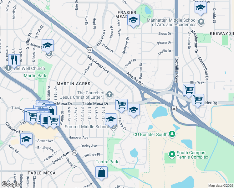 map of restaurants, bars, coffee shops, grocery stores, and more near 4672 Ingram Court in Boulder